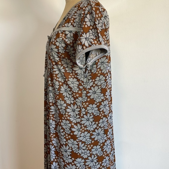 Retro Floral Nightgown PJ Boho Med Brown Maxi Stretch Dress Hippie VTG Artsy - Picture 8 of 14